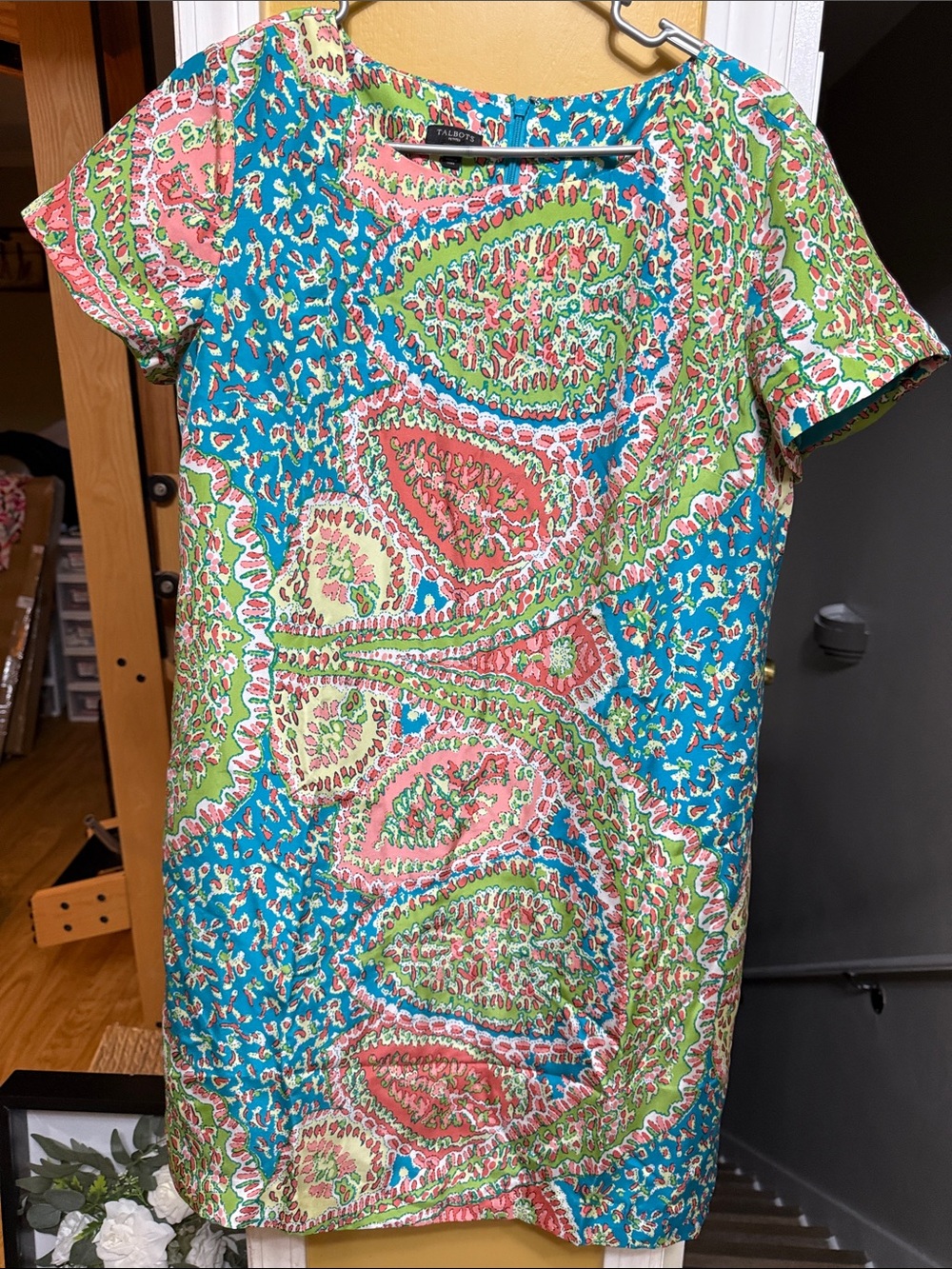 Talbots Petites 14P 100% Silk Paisley Turquoise Pink Green Lined Shift Dress